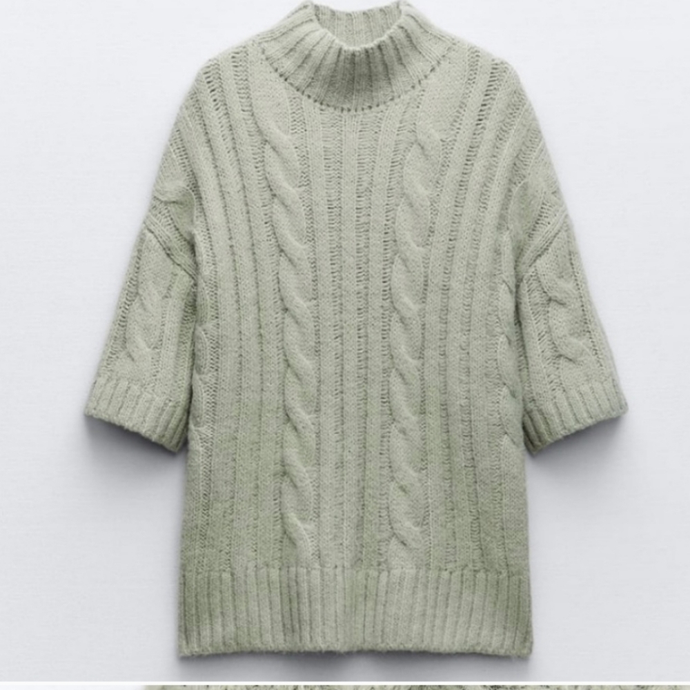 ZARA, short-sleeved Mint Green Cable Knit sweater with side slits, Small - Picture 3 of 6